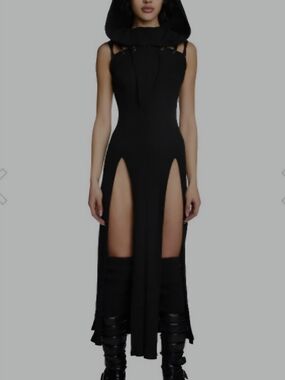 Dolls Kill Black Sleeveless Hooded Maxi Dress with High Slits